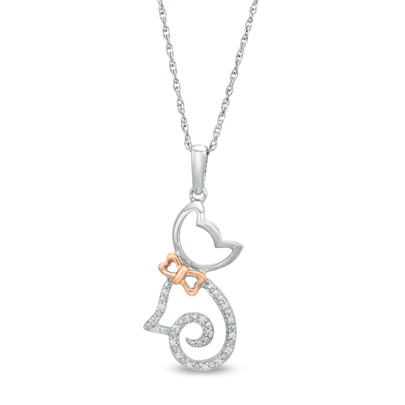 0.04 CT. T.W. Diamond Cat with Bow Pendant in Sterling Silver and 14K ...