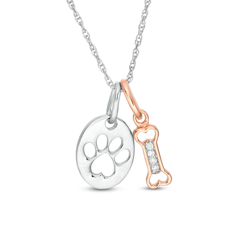 Diamond Accent Dog Bone and Paw Print Disc Pendant in Sterling Silver and 10K Rose Gold|Peoples Jewellers