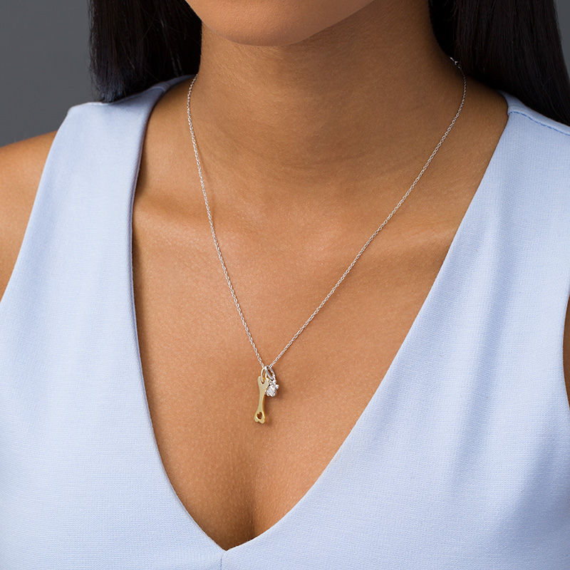 Main Image 2 of Diamond Accent Paw Print and Dog Bone Pendant in Sterling Silver and 14K Gold Plate