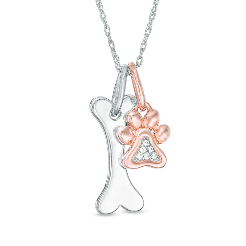 Diamond Accent Paw Print and Dog Bone Pendant in Sterling Silver and 14K Rose Gold Plate|Peoples Jewellers