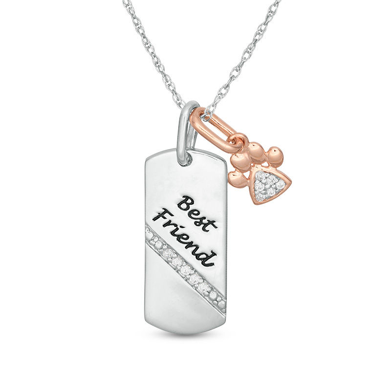 0.065 CT. T.W. Diamond Paw Print  and "Best Friend" Dog Tag Pendant in Sterling Silver and 10K Rose Gold