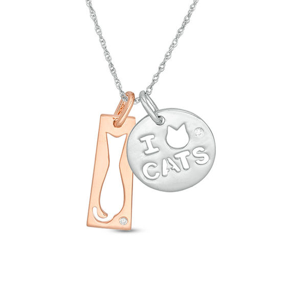 Diamond Accent Cut-Out Cat Rectangle and "I Heart Cats" Disc Pendant