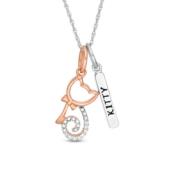 0.04 CT. T.W. Diamond Cat and "KITTY" Vertical Tag Pendant  in Sterling Silver and 14K Rose Gold Plate