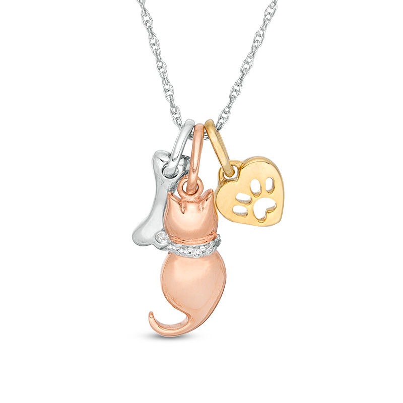 Diamond Accent Dog Bone, Sitting Cat and Paw Print Heart Pendant in Sterling Silver and 14K Two-Tone Gold Plate|Peoples Jewellers