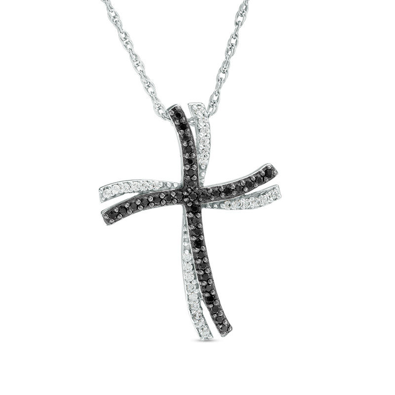 0.18 CT. T.W. Enhanced Black and White Diamond Double Wavy Cross Pendant in 10K White Gold|Peoples Jewellers