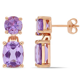 Cushion-Cut and Round Amethyst Drop Earrings in Sterling Silver with Rose Rhodium