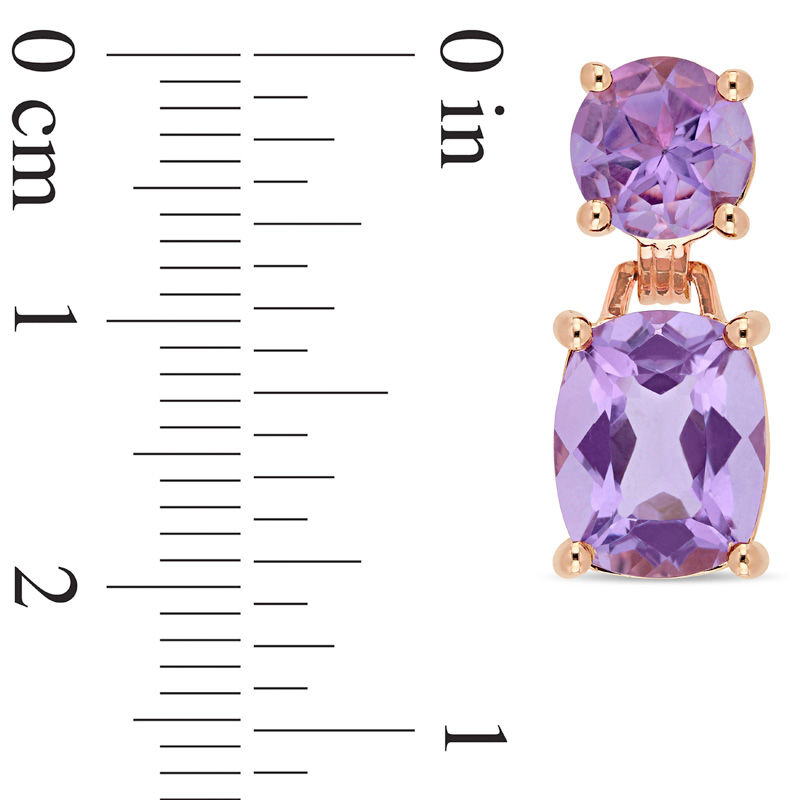 Main Image 3 of Cushion-Cut and Round Amethyst Drop Earrings in Sterling Silver with Rose Rhodium