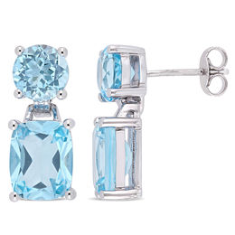 Cushion-Cut and Round Sky Blue Topaz Drop Earrings in Sterling Silver