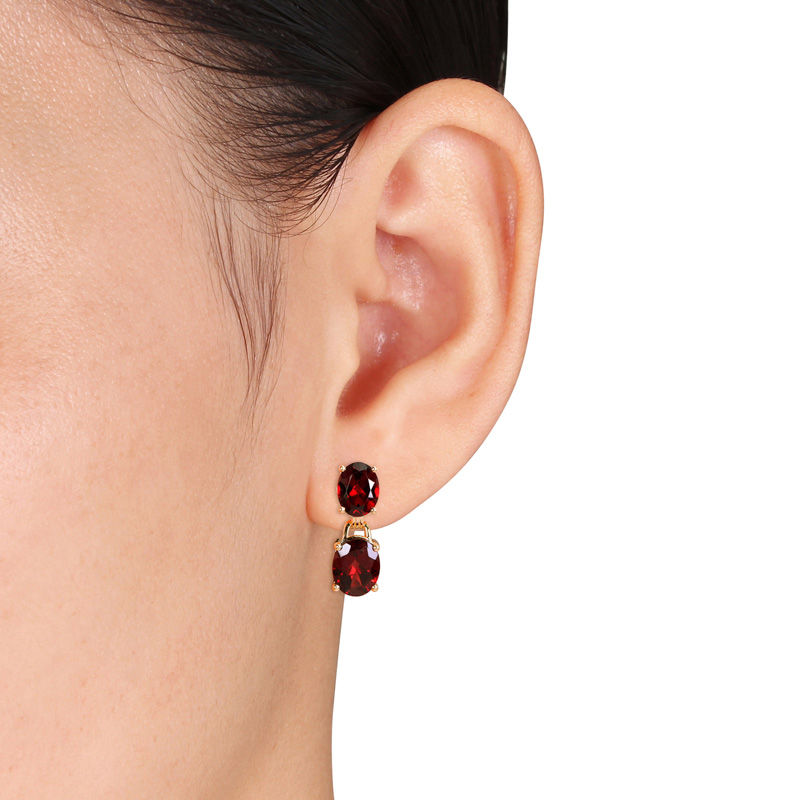 Main Image 2 of Oval Garnet Drop Earrings in Sterling Silver with Yellow Rhodium