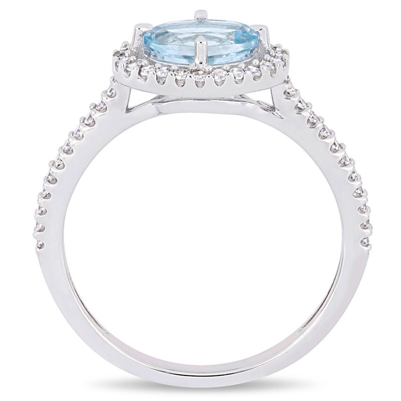 Sideways Oval Aquamarine and 0.23 CT. T.W. Diamond Frame Ring in 10K White Gold