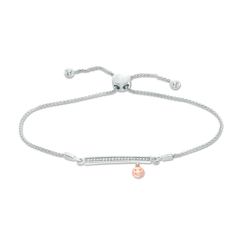 0.04 CT. T.W. Diamond Bar and Smiley Face Charm Bolo Bracelet in Sterling Silver and 10K Rose Gold - 9.5"|Peoples Jewellers