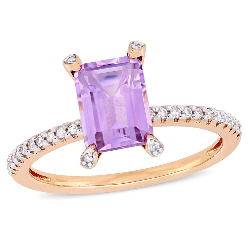 Emerald-Cut Amethyst and 0.10 CT. T.W. Diamond Engagement Ring in 10K Rose Gold
