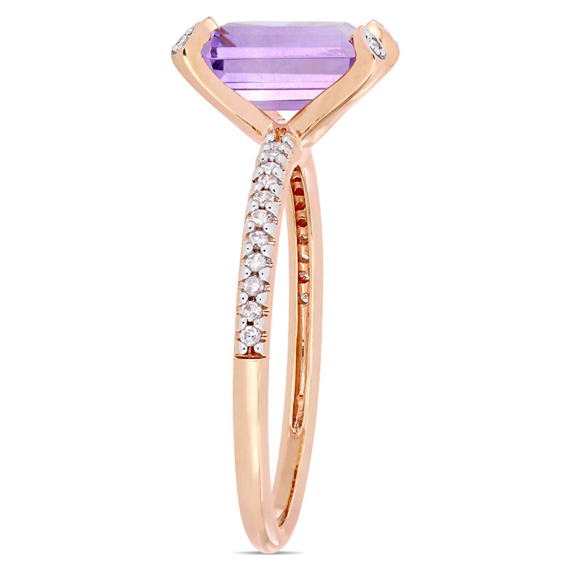 Main Image 3 of Emerald-Cut Amethyst and 0.10 CT. T.W. Diamond Engagement Ring in 10K Rose Gold