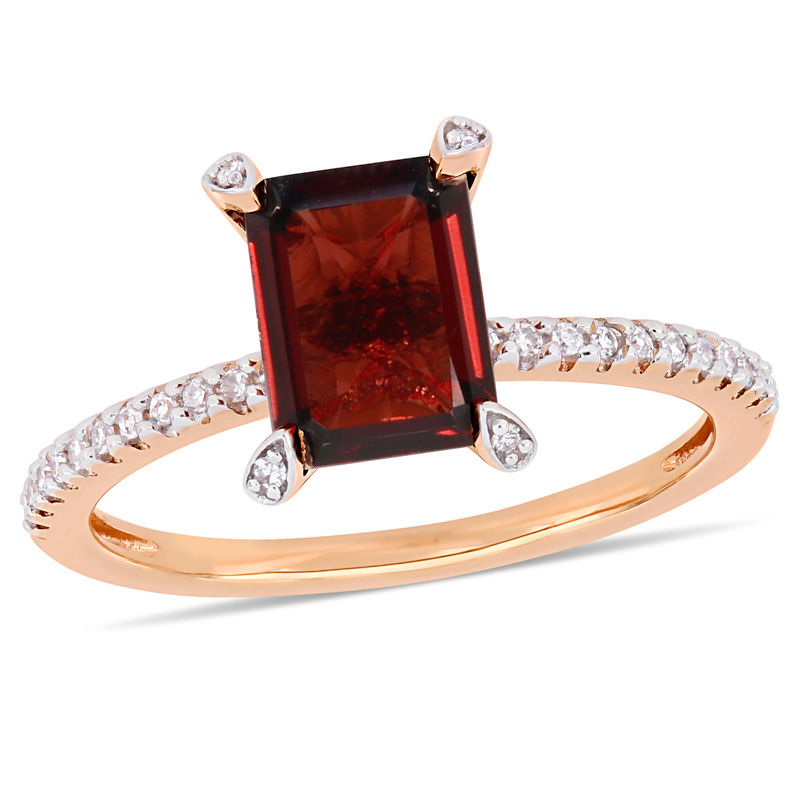 Emerald-Cut Garnet and 0.10 CT. T.W. Diamond Engagement Ring in 10K Rose Gold|Peoples Jewellers