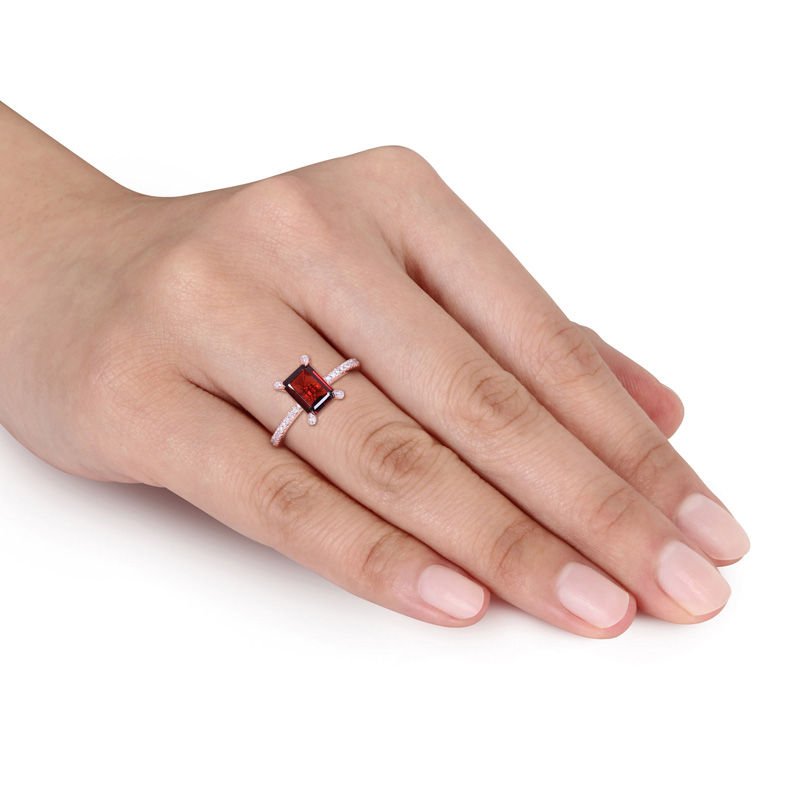 Main Image 2 of Emerald-Cut Garnet and 0.10 CT. T.W. Diamond Engagement Ring in 10K Rose Gold