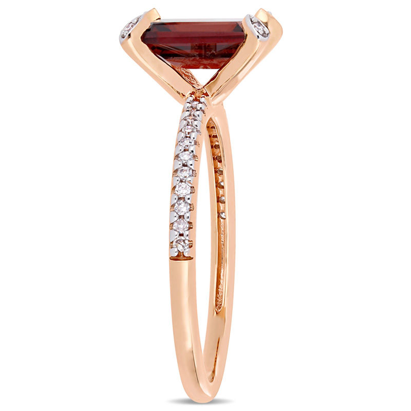 Main Image 3 of Emerald-Cut Garnet and 0.10 CT. T.W. Diamond Engagement Ring in 10K Rose Gold