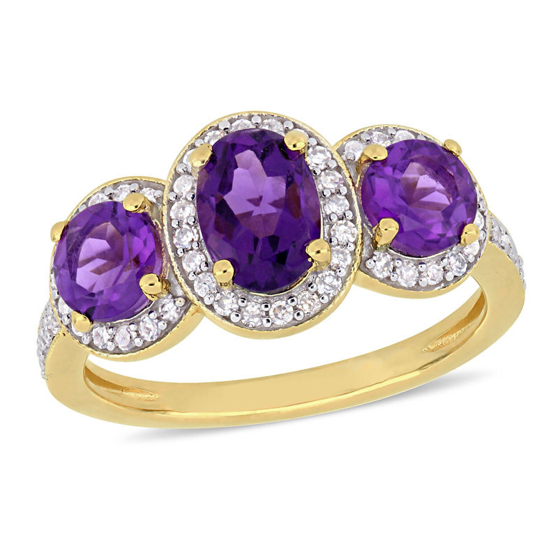 Oval Amethyst and 0.28 CT. T.W. Diamond Three Stone Frame Vintage-Style Ring in Sterling Silver with Yellow Rhodium|Peoples Jewellers