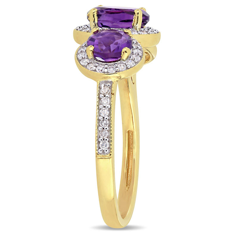 Main Image 3 of Oval Amethyst and 0.28 CT. T.W. Diamond Three Stone Frame Vintage-Style Ring in Sterling Silver with Yellow Rhodium