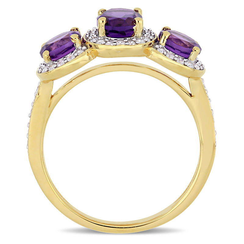 Main Image 4 of Oval Amethyst and 0.28 CT. T.W. Diamond Three Stone Frame Vintage-Style Ring in Sterling Silver with Yellow Rhodium