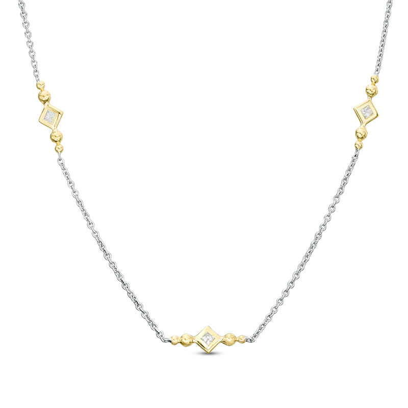0.23 CT. T.W. Princess-Cut Diamond and Bead Station Necklace in 10K Two-Tone Gold