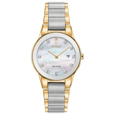 Ladies' Citizen Eco-Drive® Axiom Diamond Accent Two-Tone Watch with Mother-of-Pearl Dial (Model: GA1054-50D)