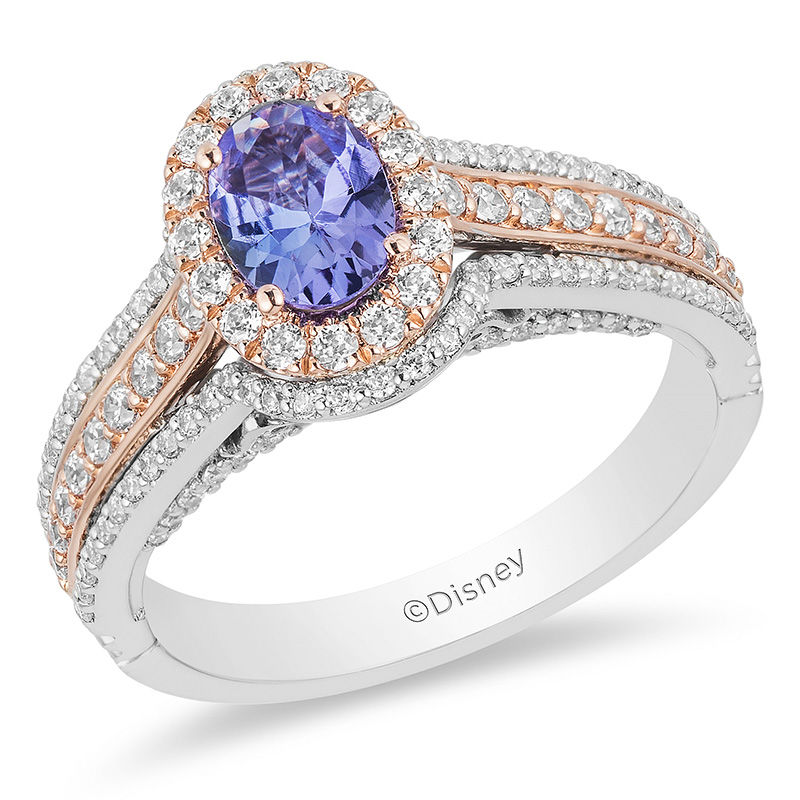 Enchanted Disney Ariel Oval Tanzanite and 0.69 CT. T.W. Diamond Double Frame Engagement Ring in 14K Two-Tone Gold