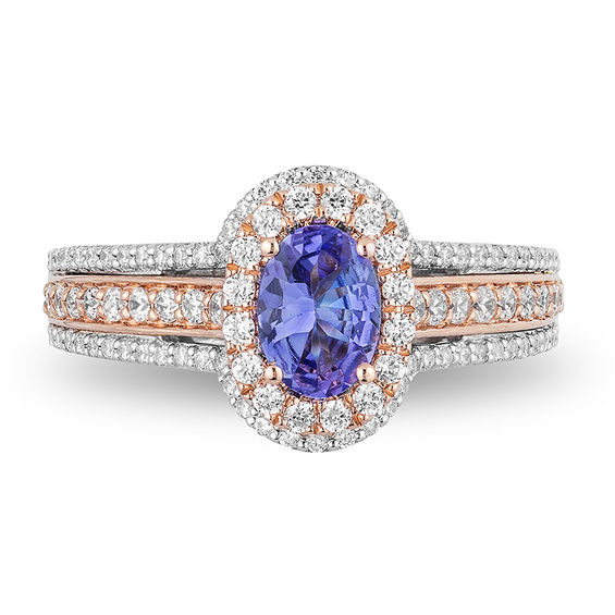 Enchanted Disney Ariel Oval Tanzanite and 0.69 CT. T.W. Diamond Double Frame Engagement Ring in 14K Two-Tone Gold