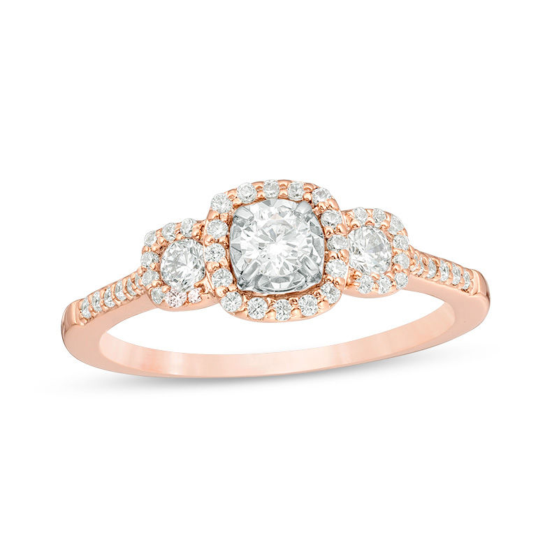 0.50 CT. T.W. Diamond Past Present Future® Cushion Frame Engagement Ring in 10K Rose Gold