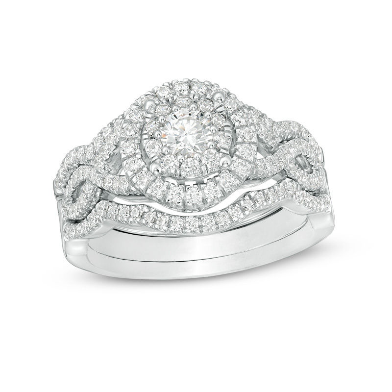 Main Image 1 of 0.96 CT. T.W. Diamond Double Frame Twist Three Piece Bridal Set in 14K White Gold
