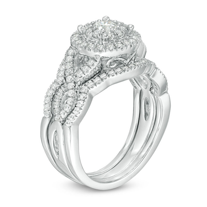 Main Image 2 of 0.96 CT. T.W. Diamond Double Frame Twist Three Piece Bridal Set in 14K White Gold