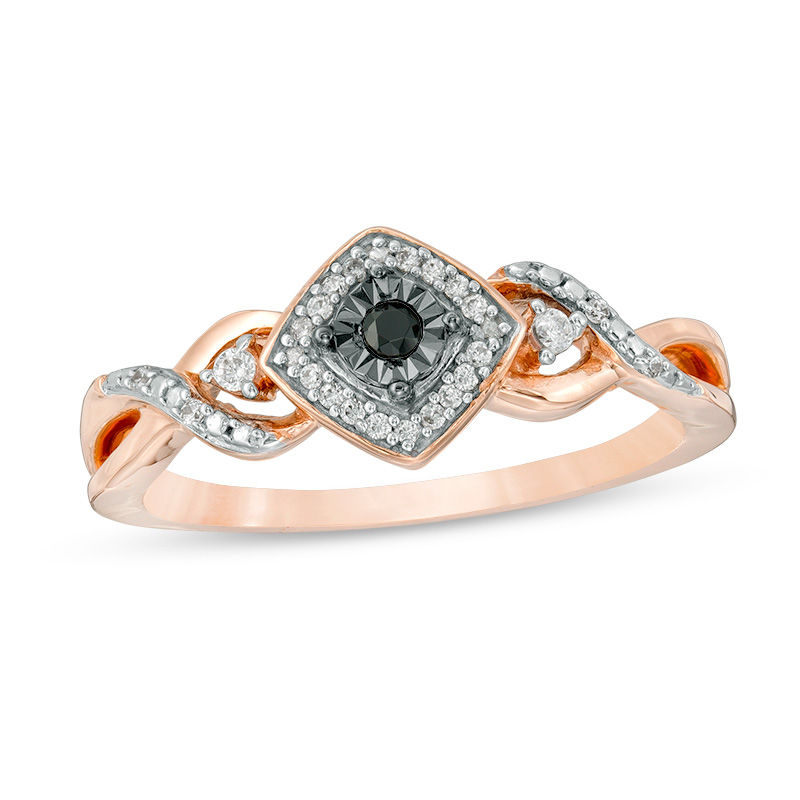 0.085 CT. T.W. Black and White Diamond Tilted Square Frame Promise Ring in 10K Rose Gold