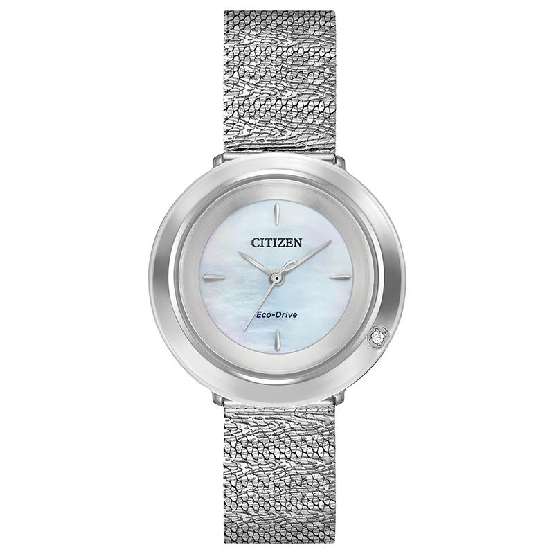 Ladies' Citizen Eco-Drive® L Ambiluna Diamond Accent Mesh Watch with Mother-of-Pearl Dial (Model: EM0640-58D)|Peoples Jewellers