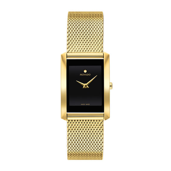 Ladies Movado La Nouvelle Gold Tone PVD Mesh Watch with Rectangular Black Dial Model 0607189 Peoples Jewellers