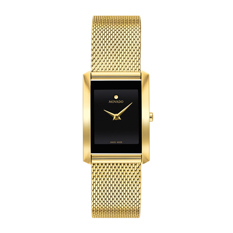 Ladies' Movado La Nouvelle Gold-Tone PVD Mesh Watch with Rectangular Black Dial (Model: 0607189)