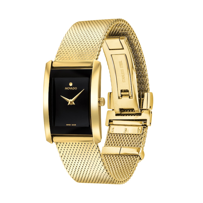 Ladies' Movado La Nouvelle Gold-Tone PVD Mesh Watch with Rectangular Black Dial (Model: 0607189)