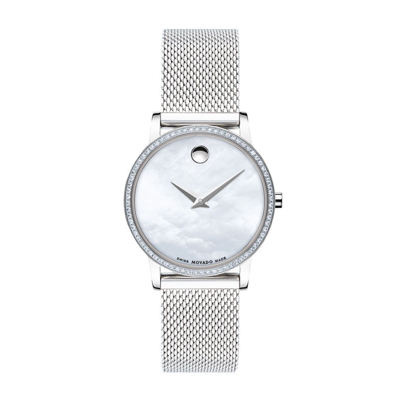 Ladies' Movado Museum® Classic 0.22 CT. T.W. Diamond Mesh Watch with White Mother-of-Pearl Dial (Model: 0607306)|Peoples Jewellers