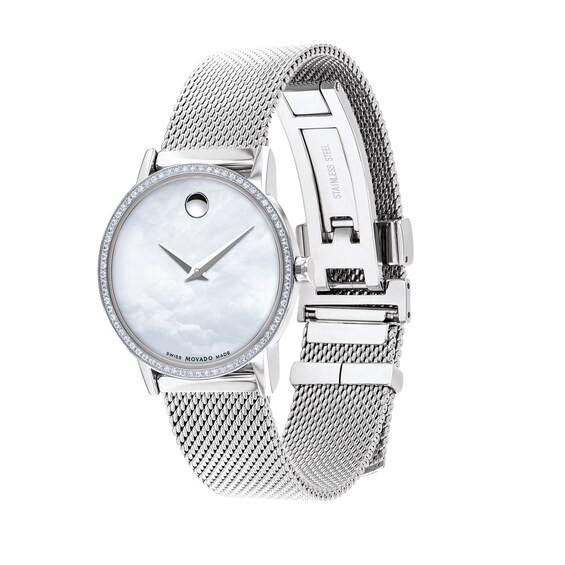 Ladies' Movado Museum® Classic 0.22 CT. T.W. Diamond Mesh Watch with White Mother-of-Pearl Dial (Model: 0607306)