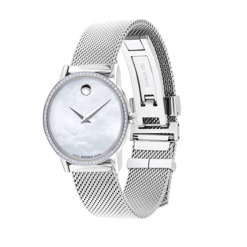 Ladies' Movado Museum® Classic 0.22 CT. T.W. Diamond Mesh Watch with White Mother-of-Pearl Dial (Model: 0607306)