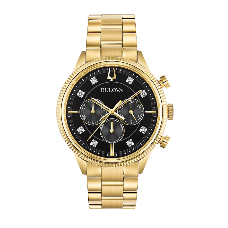 Men's Bulova Diamond Accent Gold-Tone Chronograph Watch with Black Dial (Model: 97D119)|Peoples Jewellers