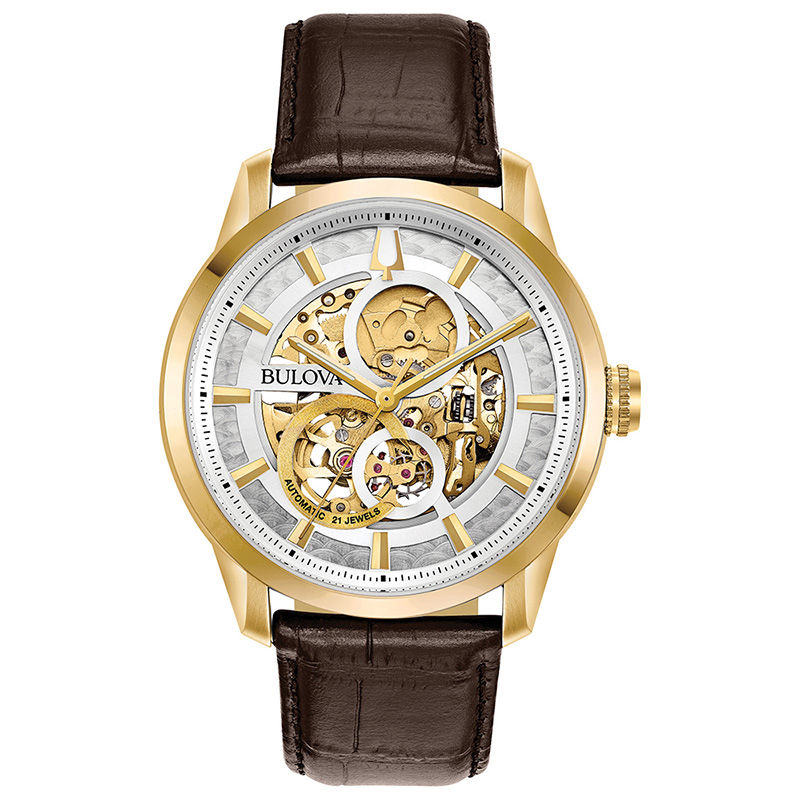 Men's Bulova Sutton Automatic Gold-Tone Strap Watch with Silver-Tone Skeleton Dial (Model: 97A138)|Peoples Jewellers