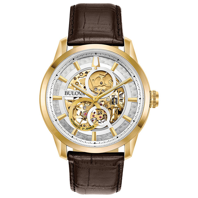 Main Image 1 of Men's Bulova Sutton Automatic Gold-Tone Strap Watch with Silver-Tone Skeleton Dial (Model: 97A138)
