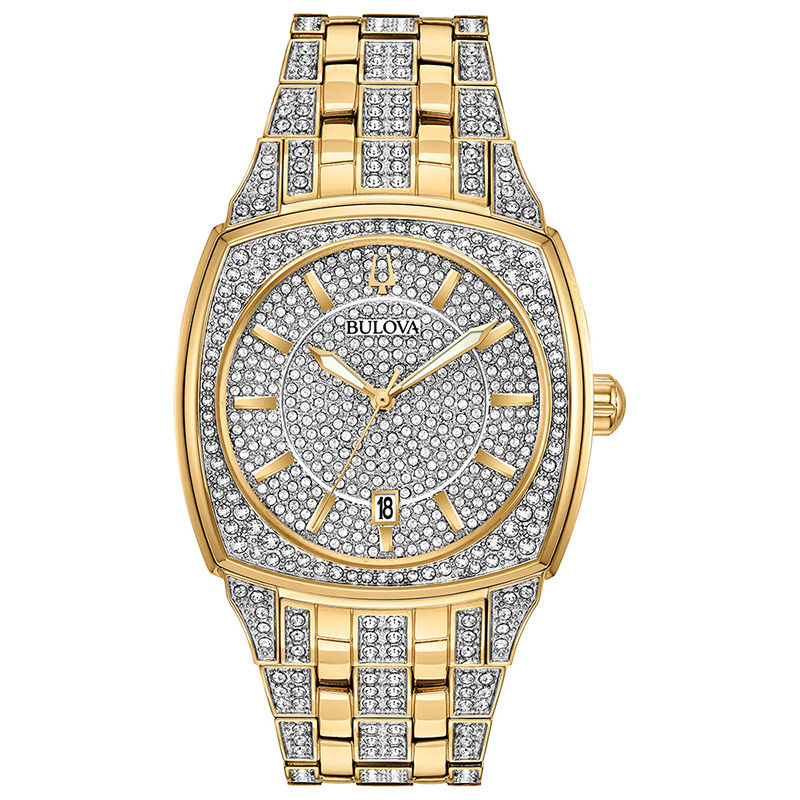 Men's Bulova Phantom Crystal Accent Gold-Tone Watch with Square Silver-Tone Dial (Model: 98B323)