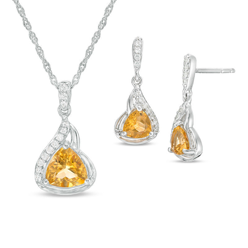 Trillion-Cut Citrine and Lab-Created White Sapphire Flame Pendant and Drop Earrings Set in Sterling Silver