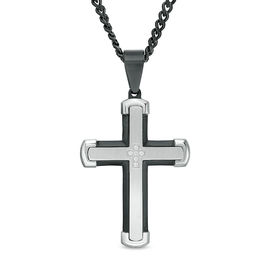 Men's 0.05 CT. T.W. Diamond Layered Cross Pendant in Stainless Steel and Black IP - 24&quot;