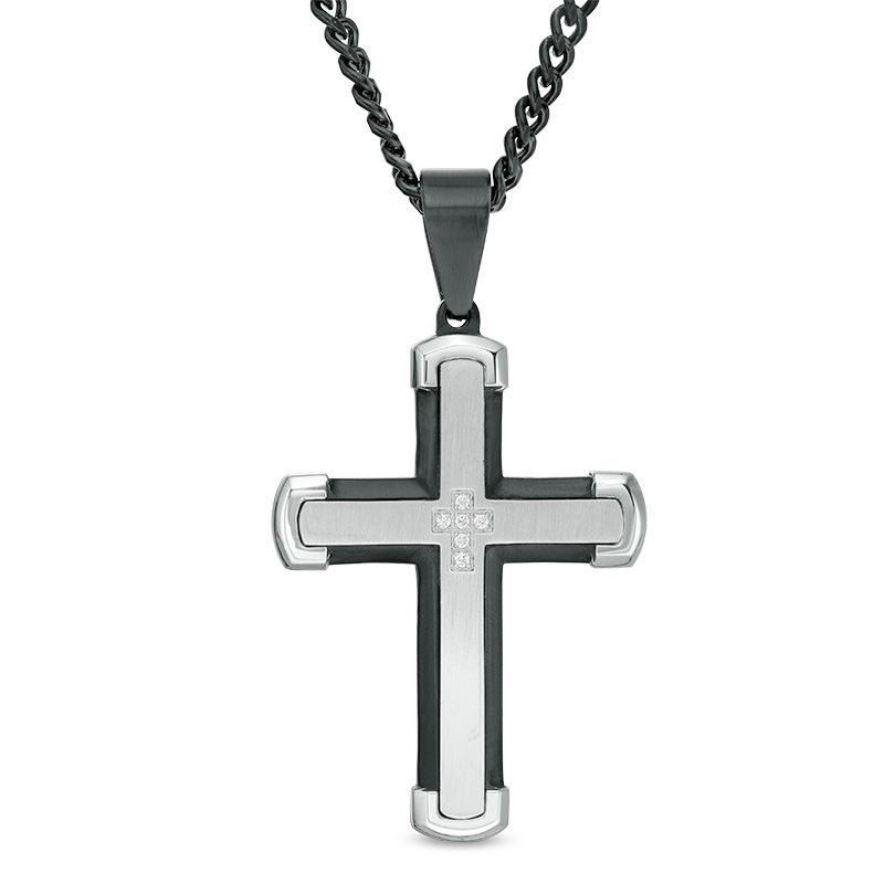 Men's 0.05 CT. T.W. Diamond Layered Cross Pendant in Stainless Steel and Black IP - 24"