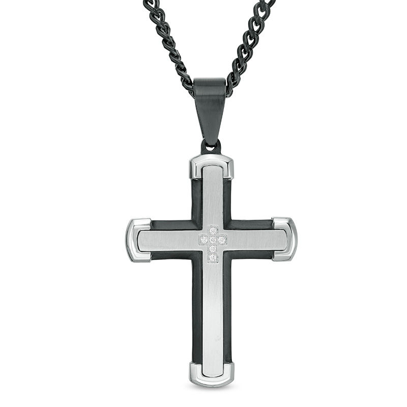 Men's 0.05 CT. T.W. Diamond Layered Cross Pendant in Stainless Steel and Black IP - 24"|Peoples Jewellers