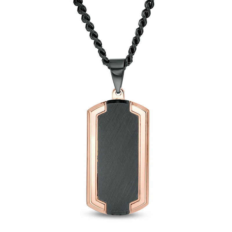 Men's Bevelled Edge Dog Tag Pendant in Stainless Steel with Black and Rose IP - 24"