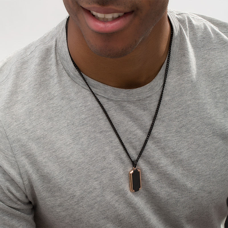 Men's Bevelled Edge Dog Tag Pendant in Stainless Steel with Black and Rose IP - 24"|Peoples Jewellers