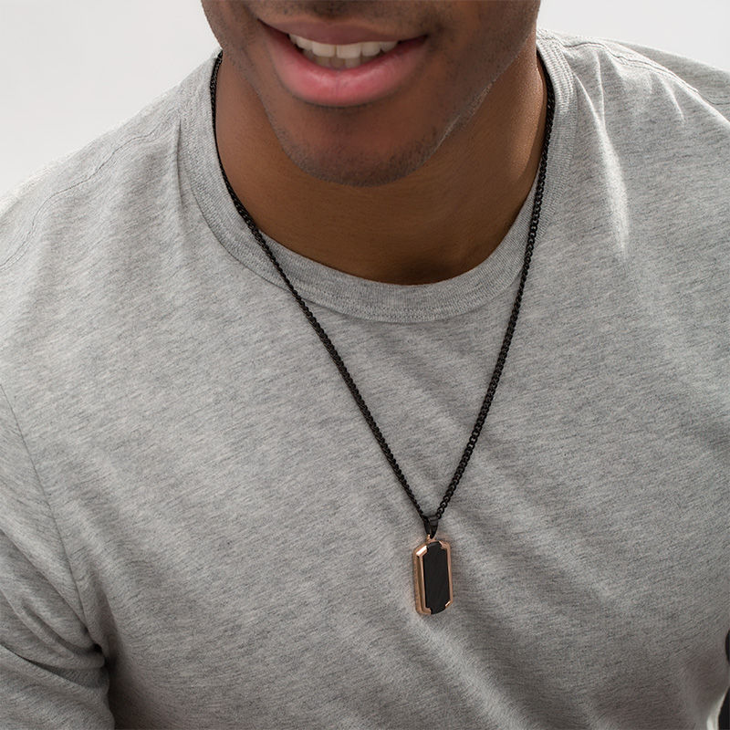 Main Image 2 of Men's Bevelled Edge Dog Tag Pendant in Stainless Steel with Black and Rose IP - 24&quot;