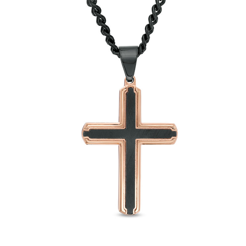 Men's Bevelled Edge Cross Pendant in Stainless Steel with Black and Rose IP - 24"|Peoples Jewellers